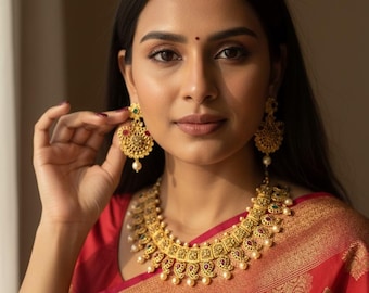 Handmade Gold Plated Kemp Stone Necklace Set with Earrings, Adjustable Dori