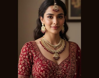 Handmade Kundan Double Layer Necklace Set with Chandbali Earrings and Tikka With Red Drops – Indian Bridal Jewelry