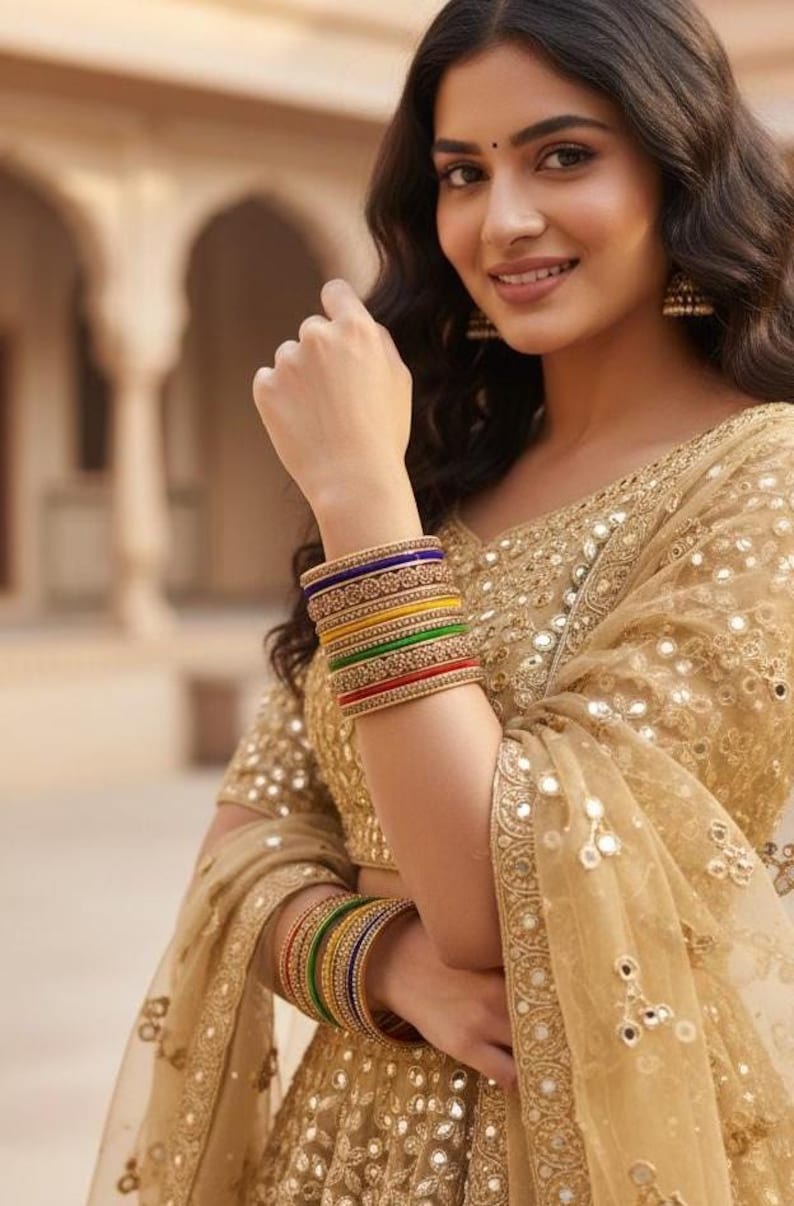 Conjunto de brazaletes metálicos con hilo Swarovski hechos a mano, joyería para bodas indias (14 brazaletes) imagen 1