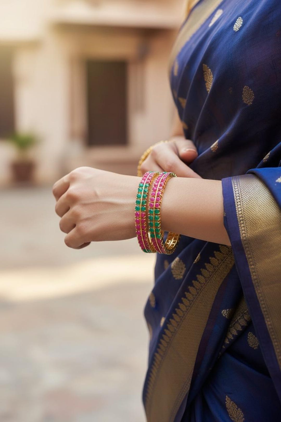Handmade CZ Bangle Set: Ruby and Green Indian Jewelry (size 2.4