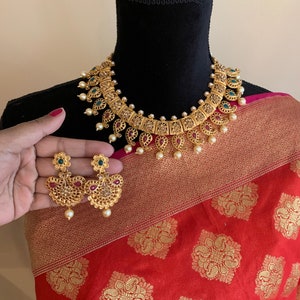 Collier or CZ, ensemble de colliers rouge rubis et zircons cubiques, collier mariée CZ, bijoux de mariée, bijoux Bollywood, collier tendance, polki
