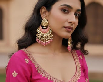 Pink Kundan Chandbali Earrings – Indian Bridal Jewelry, Enamel Drops