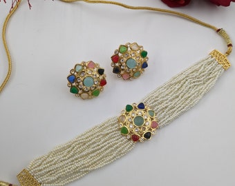 Navrattan CZ Choker Necklace - Indian Jewelry - Indian ethnic - Bollywood - Indian Bridal - Wedding Jewelry - Choker - Punjabi Jewelry