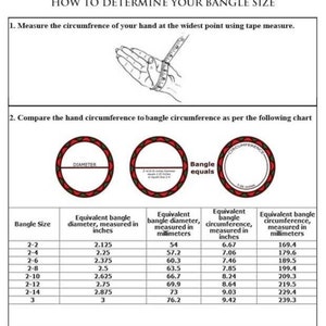 Puede incluir: Una gu&iacute;a titulada "C&Oacute;MO DETERMINAR LA TALLA DE TU BRAZALETE" con instrucciones y una tabla. La tabla proporciona conversiones de tallas de brazaletes, incluyendo di&aacute;metro y circunferencia en pulgadas y mil&iacute;metros.