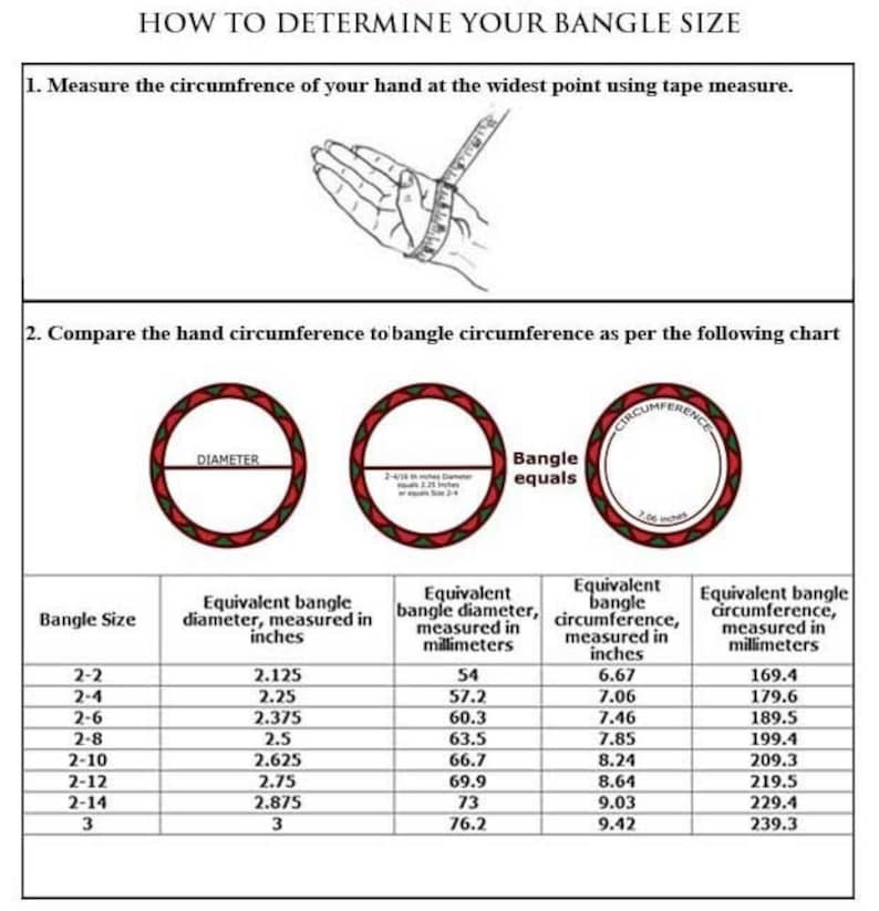 Puede incluir: Una gu&iacute;a titulada "C&Oacute;MO DETERMINAR LA TALLA DE TU BRAZALETE" con instrucciones y una tabla. La tabla proporciona conversiones de tallas de brazaletes, incluyendo di&aacute;metro y circunferencia en pulgadas y mil&iacute;metros.