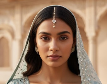 Flower CZ Maang Tikka, Dainty Forehead Jewelry (12cm Length)