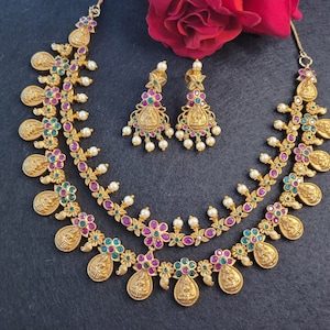 Gold Kemp Necklace, Ruby Red Cubic Zircon Necklace Set, Bridal CZ Necklace, Bridal Jewelry, Bollywood Jewelry, Ad Necklace