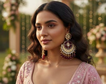 ルビーレッドのモアッサナイトポルキチャンドバリイヤリング – 大きくて長いインド・パキスタンジュエリー