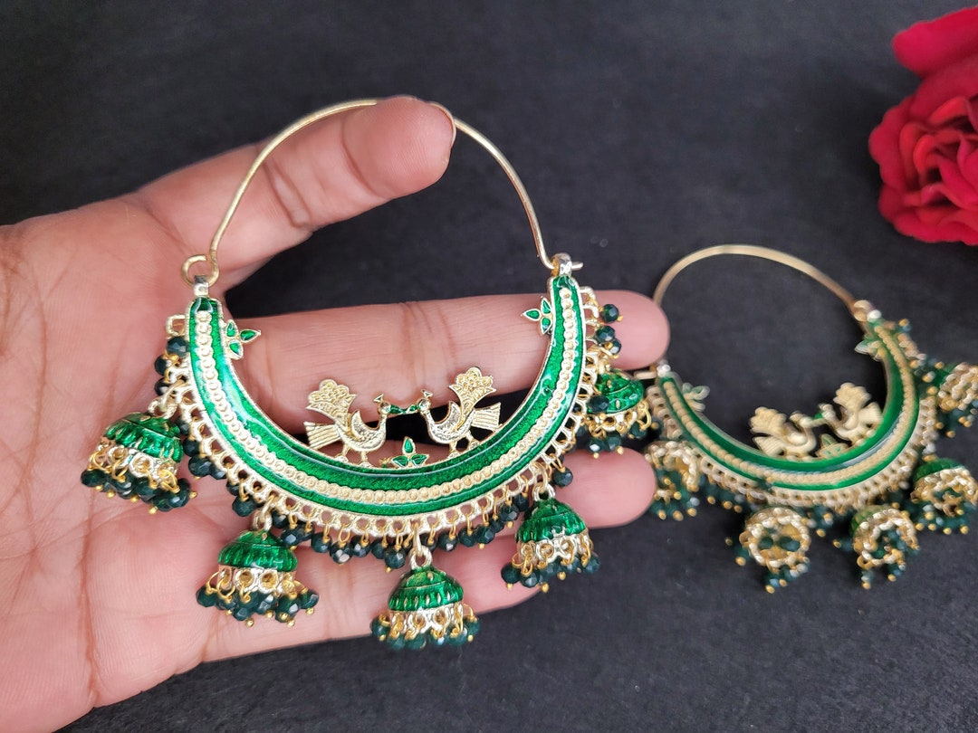 Green Big Hoop Earrings Indian Jewelry Indian Fashion Indian Bridal Jewelry Indian Earrings