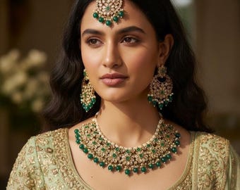 Polki Necklace With Green Drops, Earring and Tikka Set