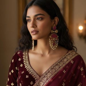 Ruby Carved Kundan Pearl Chandbali Earrings – Indian Pakistani Bollywood Jewelry