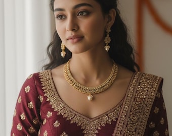 Conjunto de collar Polki, joyería nupcial india, estilo templo Kasumalai, cordón Dori ajustable