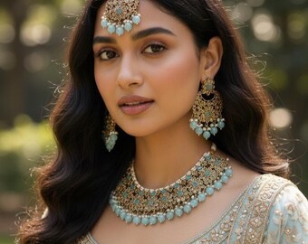 Polki Necklace With Light Blue Drops, Earring and Tikka Set
