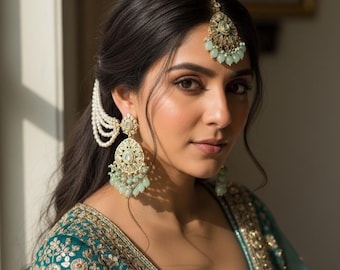 Light Green Polki Chandbali Earrings Tikka Set – Antique Gold Indian Bridal Jewelry