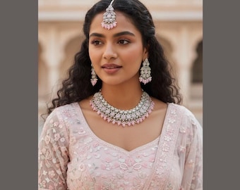 Light Pink CZ Necklace Set with Chandbali Earrings and Tikka – Bollywood Indian Jewelry