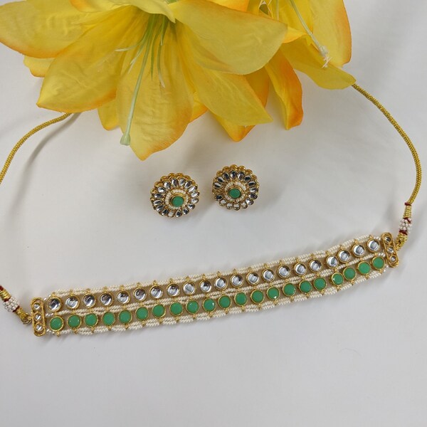 Indian Bridal Jewelry Set – Green Stone Choker Necklace & Earrings, Gold Plated