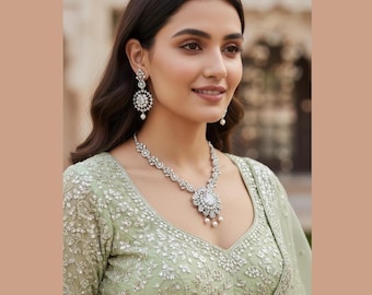 CZ Diamond Necklace Set with Earrings – Rhodium Finish Statement Jewelry