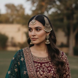 Puede incluir: Una blusa granate con intrincados bordados florales dorados y un dupatta verde oscuro, combinada con pendientes jhumka dorados y un tocado maang tikka a juego con perlas blancas y piedras transparentes, con raya en medio.