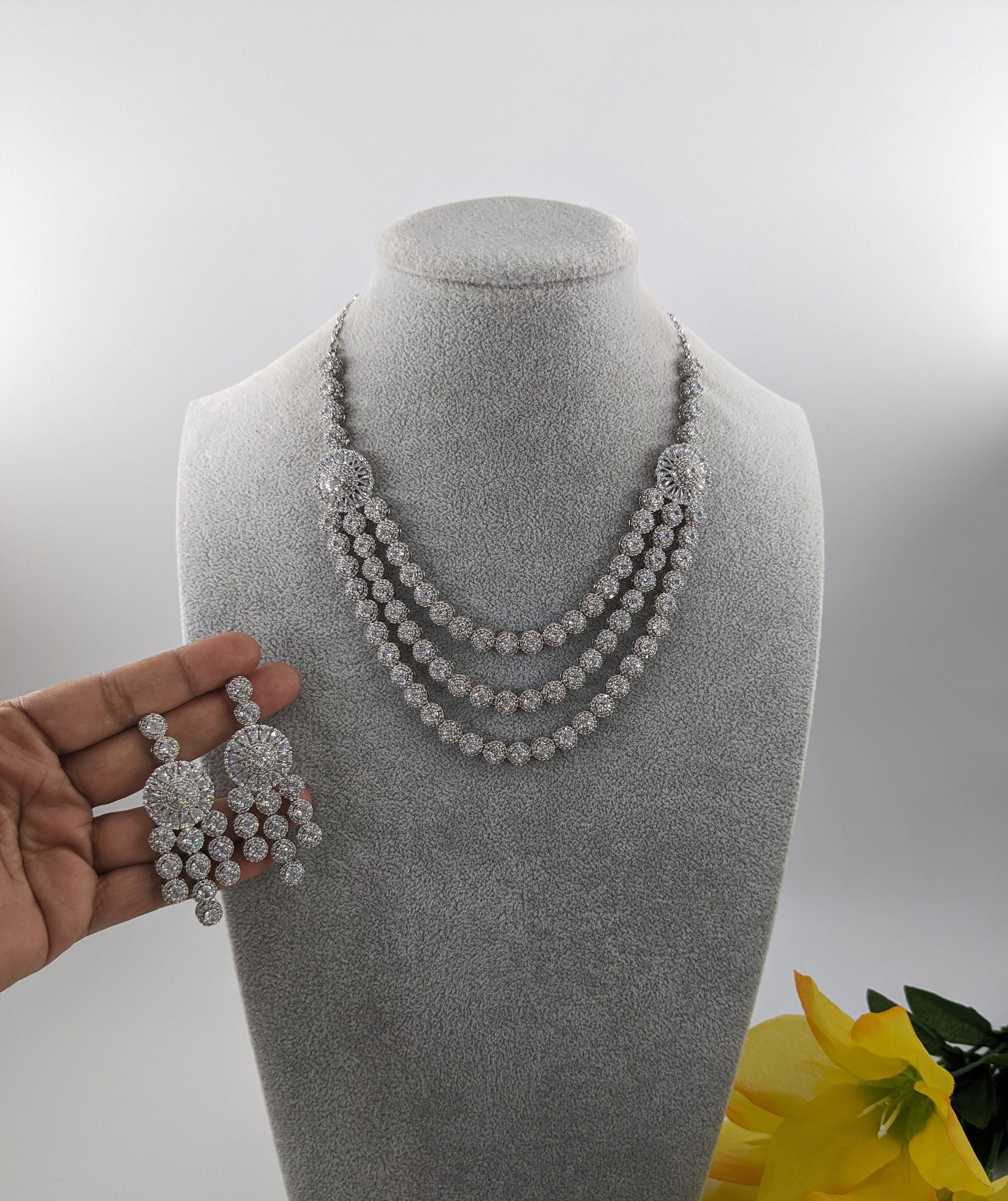 Rhodium CZ Diamond Necklace Set Statement Jewelry Statement Necklace…
