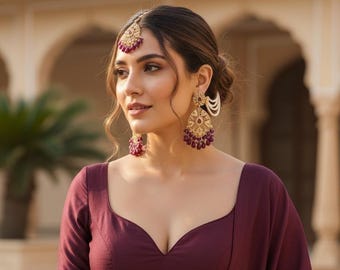 Purple Polki Chandbali Earrings Tikka Set – Antique Gold Indian Bridal Jewelry