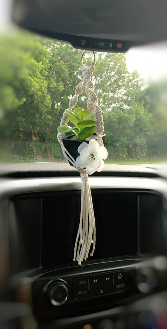 Tiny Car Macramé Plant Hanger Hanging Car for Rearview Mirror, Faux  Succulent Plant Pot Gift,…