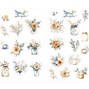 Hoja de pegatinas florales para diario, pegatinas florales, pegatinas para diario, pegatinas para scrapbooking, pegatinas de flores de primavera, pegatinas de acuarela, paquete de pegatinas