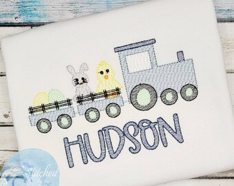 Camisa bordada con dibujo de tren de Pascua con conejito, pollito y huevos/Camisa de Pascua/Búsqueda de huevos de Pascua/Conejito de Pascua/Ropa unisex para niños