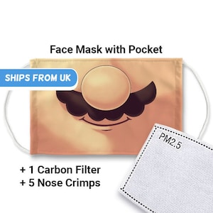 Máscara facial Mario Moustache con bolsillo y 1 filtro de carbón // Funny Plumber Mouth, Gaming Classics, Retro Gamer, 80s Platformer, Yoshi, Luigi