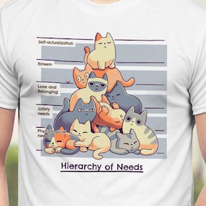 以下が含まれることがあります： マズローの欲求段階説を表す猫のピラミッドのグラフィックがプリントされた白いTシャツ。ピラミッドの下に「ニーズの階層」というテキストがプリントされています。