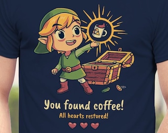 You Found Coffee All Hearts Restored T-shirt // Leuk en grappig gamingshirt // Toon Link Tee // Windwaker // RPG // Zelda // BotW // Triforce