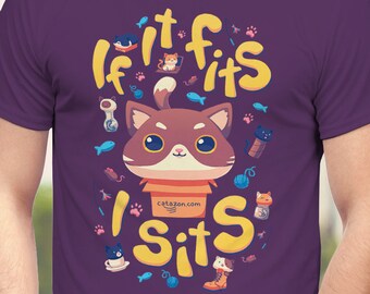 May include: Purple t-shirt with a cartoon cat in a box and the text "If it fits I sits". The cat is brown with white paws and a pink nose. The text is in yellow and white.