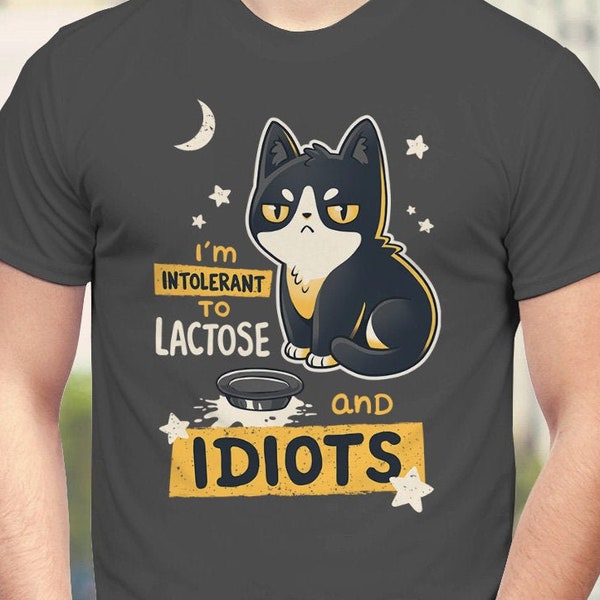 I'm Intolerant to Lactose and Idiots T-Shirt // Cute Funny Intolerance Shirt // Sassy Meme Kitten // Sarcasm Kitty // Kawaii Angy Black Cat
