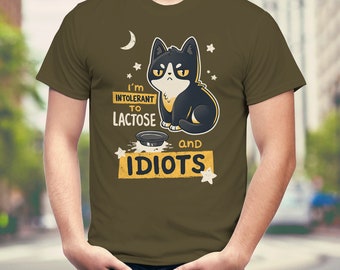 I'm Intolerant to Lactose and Idiots T-shirt // Cute Funny Intolerance  Shirt // Sassy Meme Kitten // Sarcasm Kitty // Kawaii Angy Black Cat 