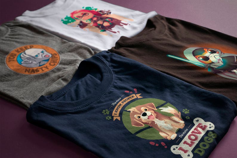 May include: Four different t-shirts with various designs. The first is grey with the text "You Keep Nasty Chips". The second is white with a cartoon character. The third is brown with a cartoon character. The fourth is navy blue with a cartoon dog and the text "I Love Dogs".