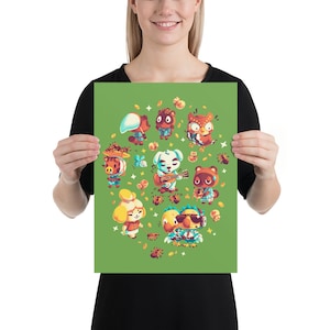 Puede incluir: Un póster verde con un diseño circular que presenta varios personajes de Animal Crossing. Los personajes están representados en un estilo de dibujos animados e incluyen un perro, un gato, una ardilla, un mapache, un búho, una rana y un oso. Los personajes están rodeados de una variedad de objetos, incluyendo campanas, hojas y flores.