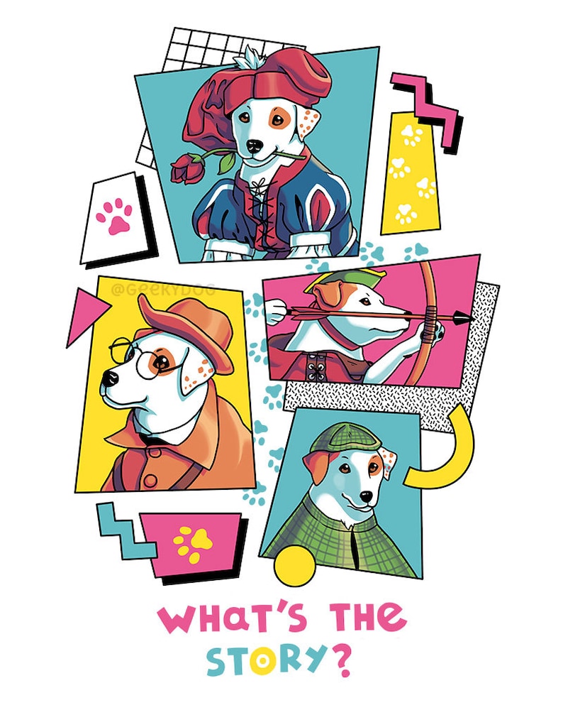 Op de afbeelding: Kleurrijke illustratie met vier honden in kostuums. E&eacute;n hond draagt een renaissance-outfit, een andere schiet met pijl en boog, een derde draagt een detectivehoed en de laatste draagt een hoed en een bril. De tekst "WHAT'S THE STORY?" staat onderaan.