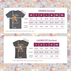 Op de afbeelding: Twee T-shirts, &eacute;&eacute;n unisex en &eacute;&eacute;n damesmodel, met een afbeelding van een hond die boeken leest en de tekst "NO IDEA WHAT I'M DOING". De unisex shirtmaten vari&euml;ren van XS tot 3XL, en de dames van S tot 2XL.