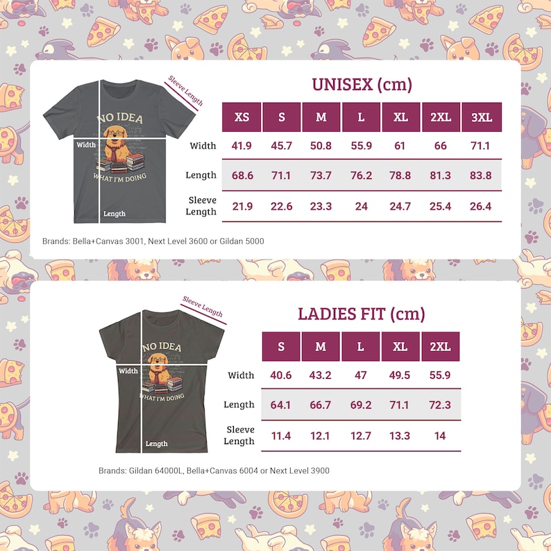 Op de afbeelding: Twee donkergrijze t-shirts met maattabellen. E&eacute;n is unisex, de andere is voor dames. Beide hebben een hondenafbeelding en de tekst "NO IDEA WHAT I'M DOING". De unisex maten zijn in cm.