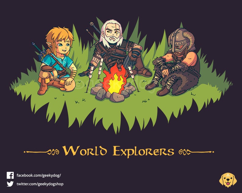 May include: A cartoon illustration of three video game characters, Link from The Legend of Zelda, Geralt of Rivia from The Witcher, and a character from Skyrim, sitting around a campfire. The text "World Explorers" is below the image.