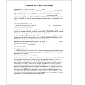 Contrato de alquiler de cabina de salón, plantilla de contrato de alquiler de cabina de salón, contrato de arrendamiento de alquiler, contrato de alquiler, carta de Word, carta simple