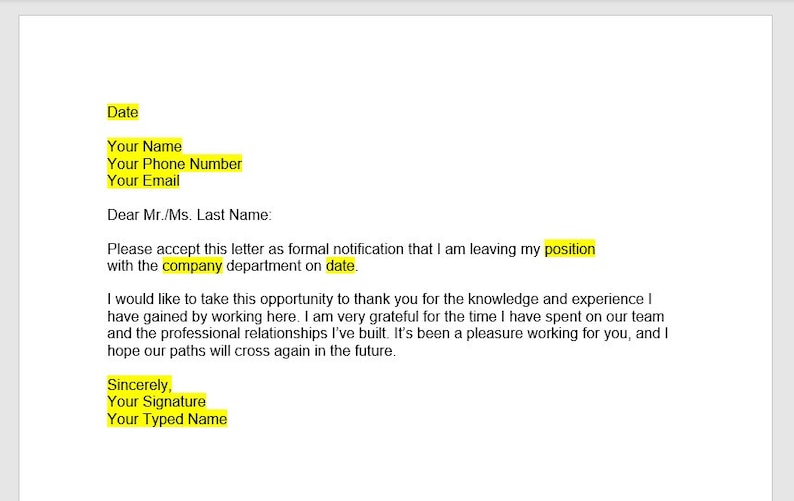 May include: Formal resignation letter template with a black and white design. The letter includes the date, your name, phone number, email, and a salutation. The letter states that you are leaving your position with the company department on a specific date. The letter also includes a thank you to the recipient for the knowledge and experience gained while working there.