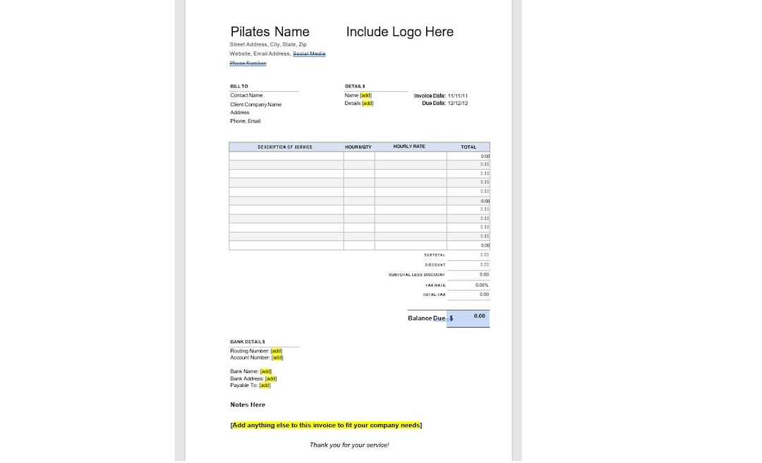 Editable Pilates Instructor Invoice Template, Pilates Instructor