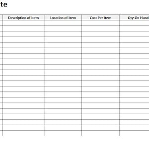 May include: A blank inventory sheet template with columns for Inventory ID, Name of Item, Description of Item, Location of Item, Cost Per Item, Qty On Hand, and Comments.