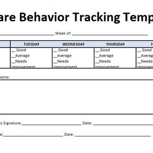May include: A printable daycare behavior tracking template with sections for child's name, week of, and daily behavior ratings. The ratings include "Good", "Average", "Needs Improvement". There is also a section for additional comments, daycare provider's signature, date, parent's signature, and date.