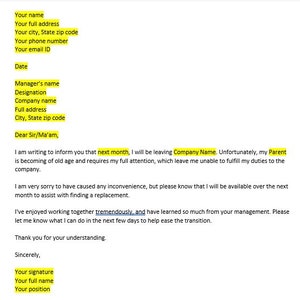 Aging Parents Resignation Letter Template, Resignation Letter, Resignation Template, Resignation Letter Template, Word Template