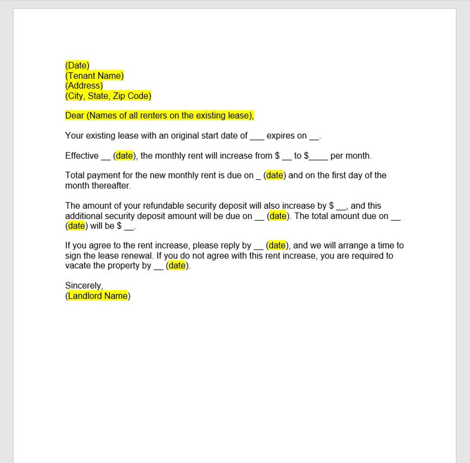 Landlord Rent Increase Letter Template, Rent Increase Letter, Rent ...