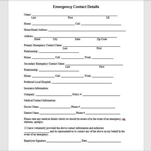 Op de afbeelding: Een zwart-wit formulier met de titel "Emergency Contact Details" met velden voor naam, adres, telefoonnummers, relatie, voorkeursziekenhuis, verzekeringsinformatie, medische contactinformatie en medische details. Het formulier bevat ook een selectievakje om contact op te nemen in geval van nood.
