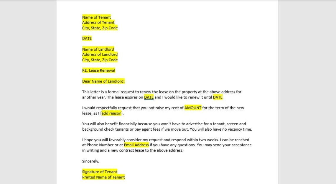 Lease Renewal Letter to Landlord Template, Lease Renewal Letter, Lease