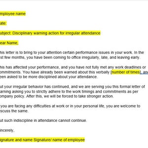 Carta de advertencia de asistencia, Plantilla de carta de advertencia del empleado, Carta de advertencia del empleado, Plantilla de palabra de advertencia del empleado, Carta simple