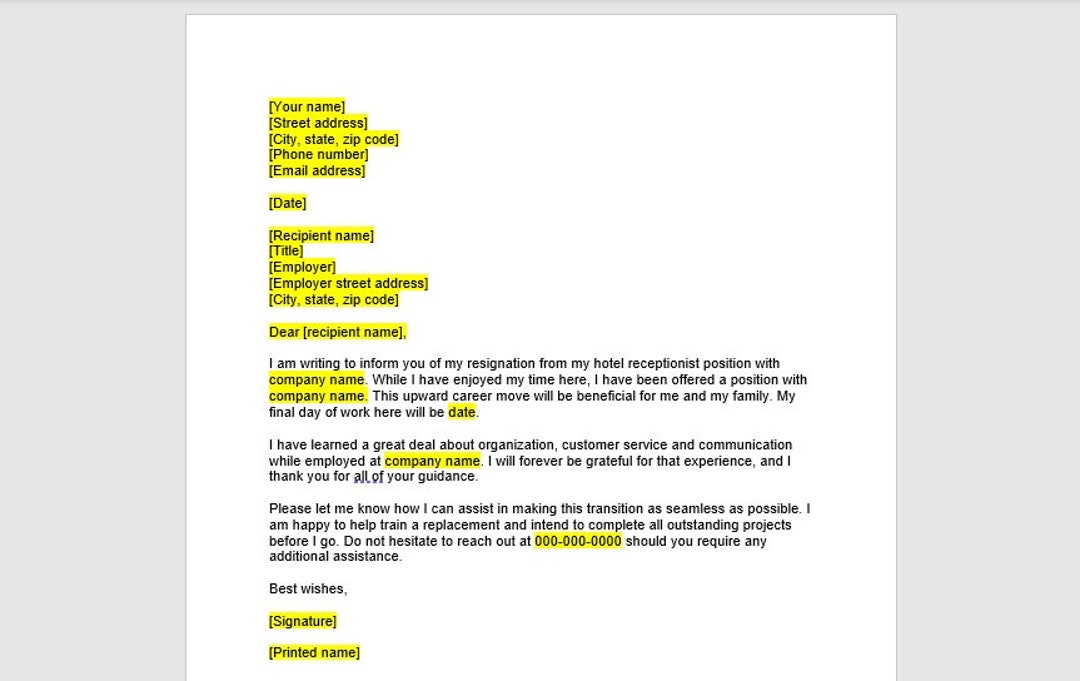 Hotel Receptionist Resignation Letter Template Resignation Letter hotel-receptionist-resignation-letter-template-resignation-letter